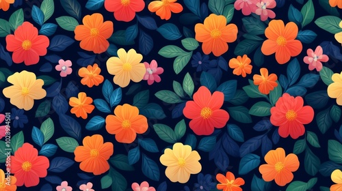 Wallpaper Mural A colorful floral pattern with orange and yellow flowers. The flowers are arranged in a way that creates a sense of movement and depth. The blue background adds a sense of calmness Torontodigital.ca