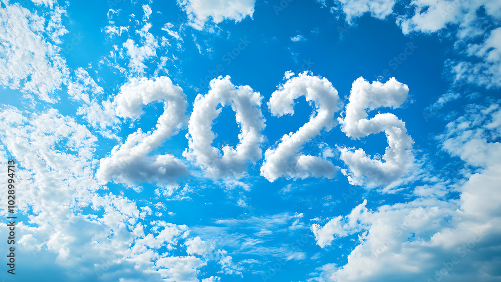 Clouds shaped like the year 2025 against a blue sky. Clouds shaped like the year 2025 against a blue sky.