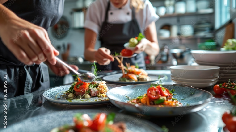 Chef plating gourmet salad with a spoon in a professional kitchen Chef plating gourmet salad with a spoon in a professional kitchen