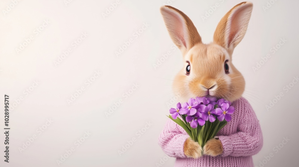 Fototapeta premium Rabbit in a sweater holding flowers, cute and whimsical atmosphere.