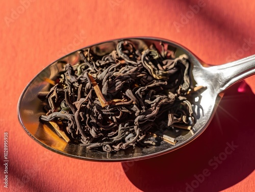 Close-Up Detail of Dried Tea Leaves on Spoon with Vibrant Background and Sunshine Shadows photo