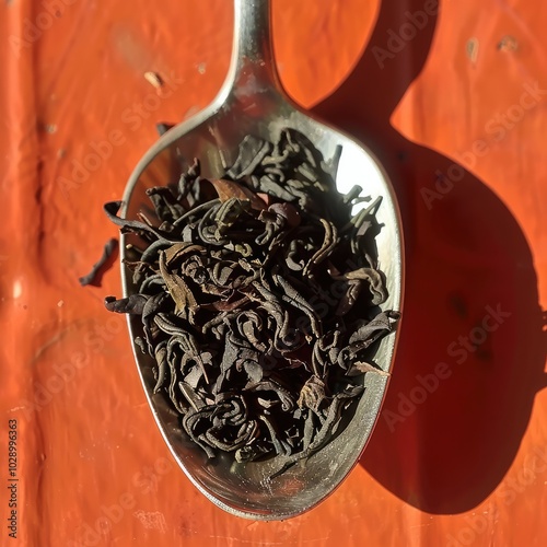 Close-Up Detail of Dried Tea Leaves on Spoon with Vibrant Background and Sunshine Shadows photo