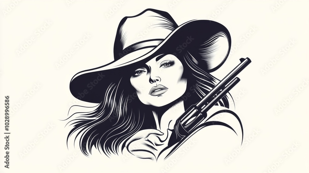 A woman in a cowboy hat is holding a gun. She is the main focus of the image and she is a strong, independent woman. The hat and gun give the impression of a western or frontier setting A woman in a cowboy hat is holding a gun. She is the main focus of the image and she is a strong, independent woman. The hat and gun give the impression of a western or frontier setting