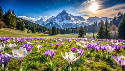 Krokus Frühlingsblumen auf einer Bergwiese - Naturschönheit im Frühling