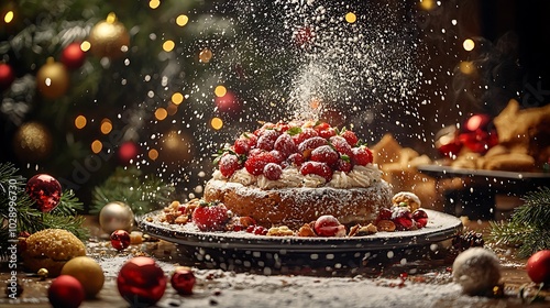 Christmas Dessert Cake with Strawberries and Powdered Sugar