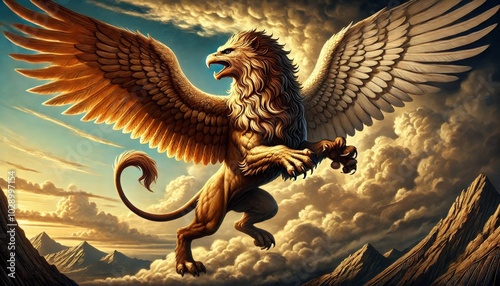 Griffin is a mythical creature with the body of a half eagle, half lion. It has the head, front legs and wings of an eagle, the body and hind legs of a lion and a tail of a snake. 