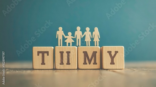 Wooden figures of a family standing on wooden blocks spelling out 'TIME'.