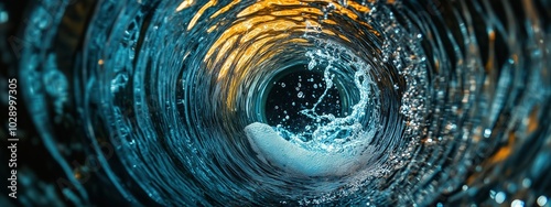 Captivating inside view of a water pipe during a cleaning process. The dynamic motion of water creates vibrant splashes and ripples, showcasing clarity and depth.