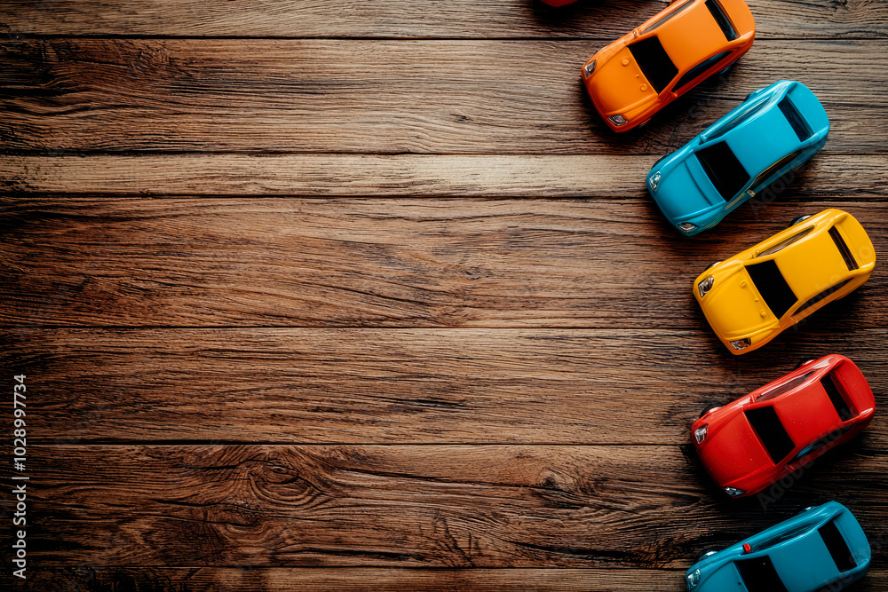 Obraz premium colorful toy cars on wooden background. Top view. Copy space
