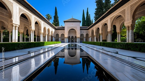 Moorish Architecture Courtyard Granada Spain Arched Colonnade Reflecting Pool Islam