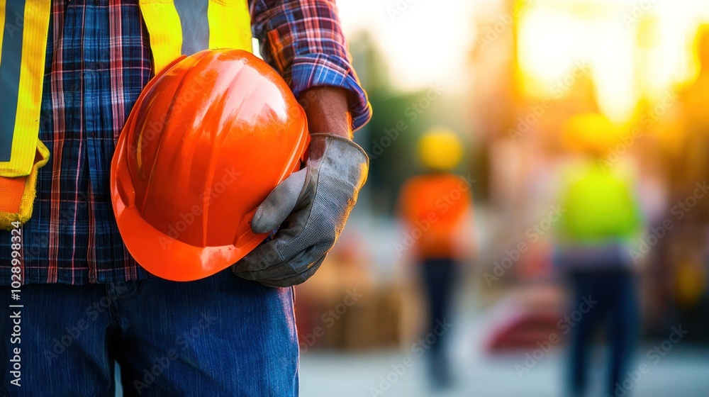 A worker demonstrating proper use of safety equipment at a job site. A worker demonstrating proper use of safety equipment at a job site.