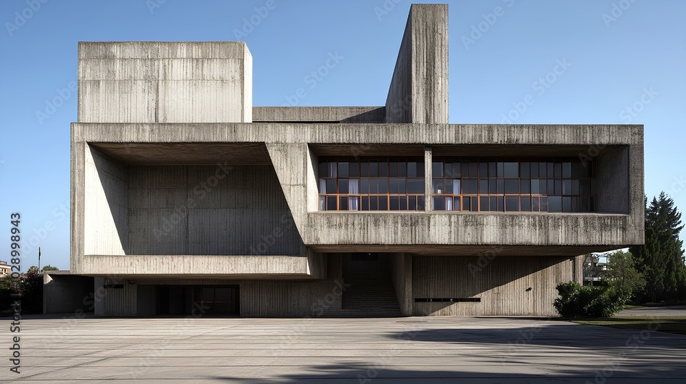 A modernist concrete building featuring geometric shapes, large windows, and a stark minimalist design against a clear blue sky. A modernist concrete building featuring geometric shapes, large windows, and a stark minimalist design against a clear blue sky.