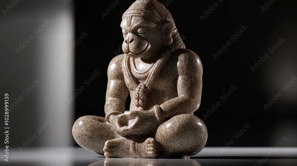 Fototapeta premium A minimalist sculpture of Lord Hanuman bowing in devotion, made from polished stone with clean, flowing lines, symbolizing humility and strength in a modern artistic form