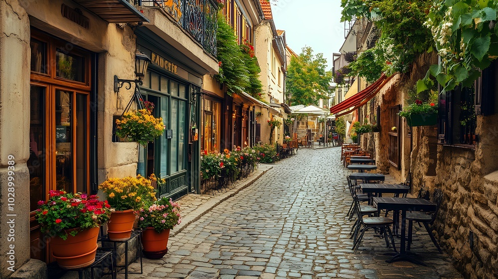 Fototapeta premium A charming cobblestone street lined with quaint shops and vibrant flower pots, inviting visitors to explore its serene beauty.