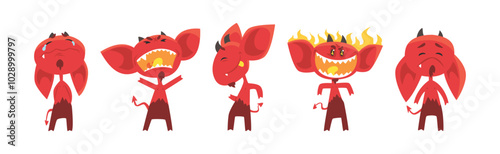 Red Devil Character with Horns and Face Emotion Vector Set