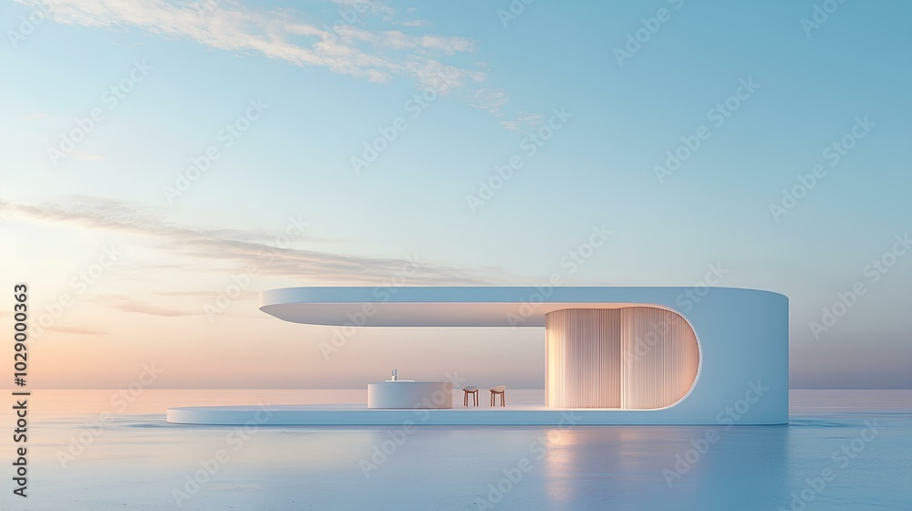 A sleek, modern architectural structure by the water, featuring a minimalist design with a tranquil sky in the background. A sleek, modern architectural structure by the water, featuring a minimalist design with a tranquil sky in the background.