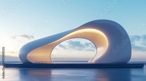 A futuristic, sculptural structure by the water, featuring smooth curves and integrated lighting, embodying modern architectural design.