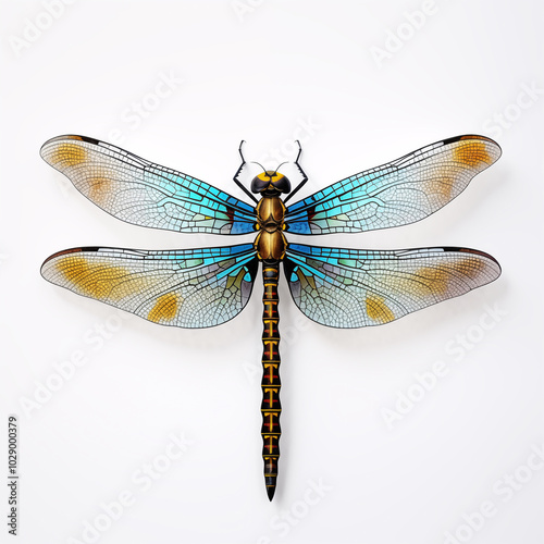 Dragonfly with transparent wings and blue details on white background