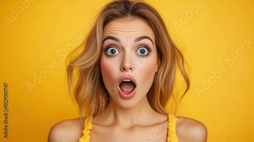 A surprised young woman with bright eyes expressions against a vivid yellow backdrop while wearing a yellow top