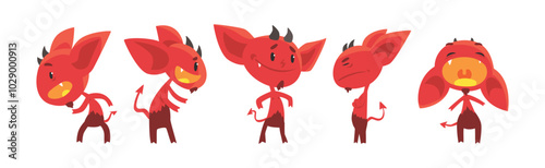 Red Devil Character with Horns and Face Emotion Vector Set