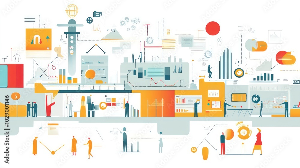 An abstract illustration of a factory with people working inside, symbolizing the process of business operations. An abstract illustration of a factory with people working inside, symbolizing the process of business operations.