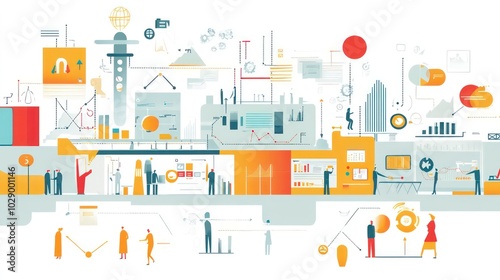 An abstract illustration of a factory with people working inside, symbolizing the process of business operations.