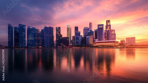 A stunning skyline at sunset, featuring modern skyscrapers reflecting in water, with vibrant colors painting the sky.