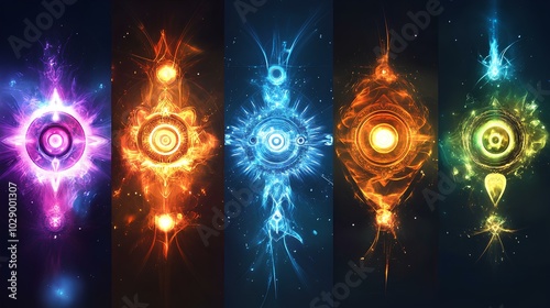 A vibrant abstract image featuring five colorful energy sources, each radiating distinct hues and patterns against a dark background.