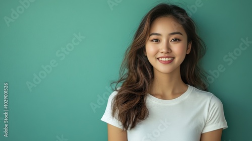 Young woman smiles confidently against a solid turquoise wall in a casual white t-shirt during the daytime