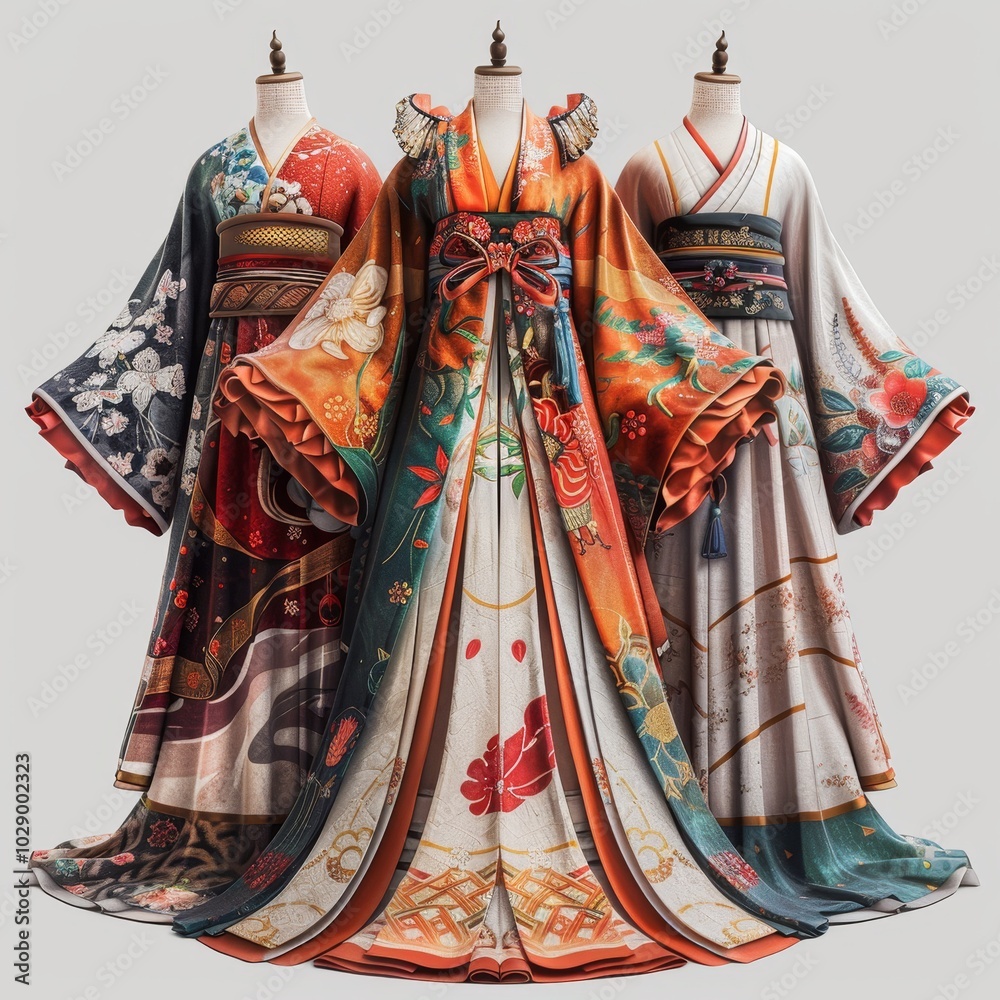 Naklejka premium Elegant Traditional Kimono Designs in Vibrant Colors