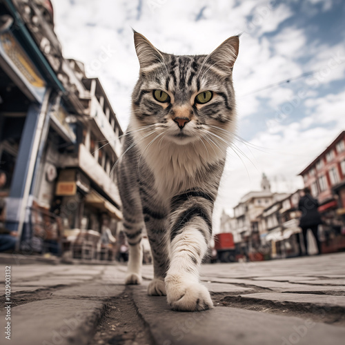 Tabby cat walking down an urban street