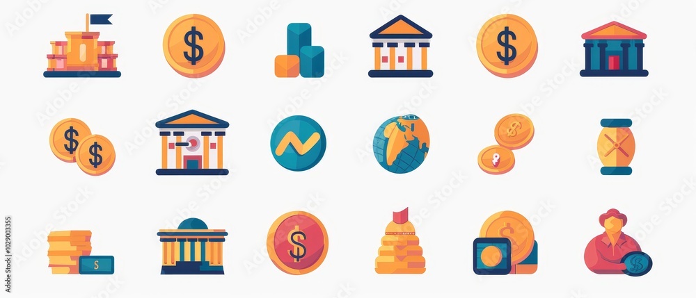 Colorful Icons Representing Finance and Banking Concepts Colorful Icons Representing Finance and Banking Concepts