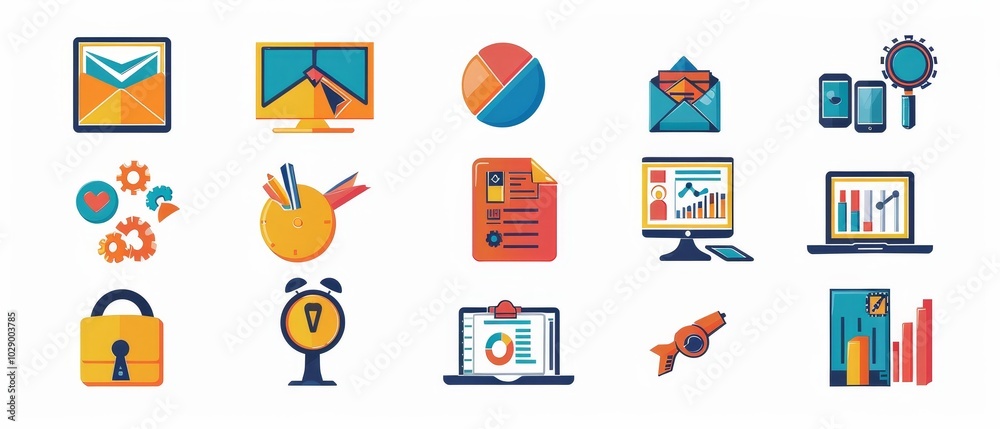 Obraz premium Colorful Icons for Digital Communication and Analysis