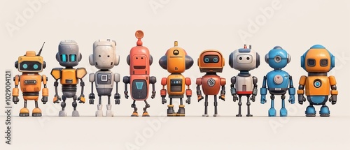 Colorful Cartoon Robots in a Group Display