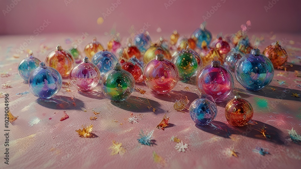 Falling snow and Christmas tree, balls and gifts Falling snow and Christmas tree, balls and gifts