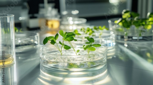 Arabidopsis Thaliana in a laboratory setting, surrounded by petri dishes and lab equipment, emphasizing its importance as a model organism for studying plant genetics and molecular biology. photo