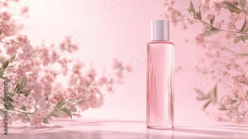 A realistic mockup of a transparent toner bottle with a sleek design, ideal for clear skin face lotions, set against a soft pastel background with subtle floral accents.