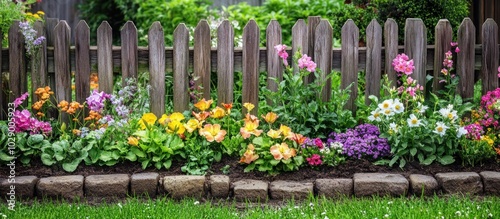 A vibrant flower bed with a wooden fence in the background.