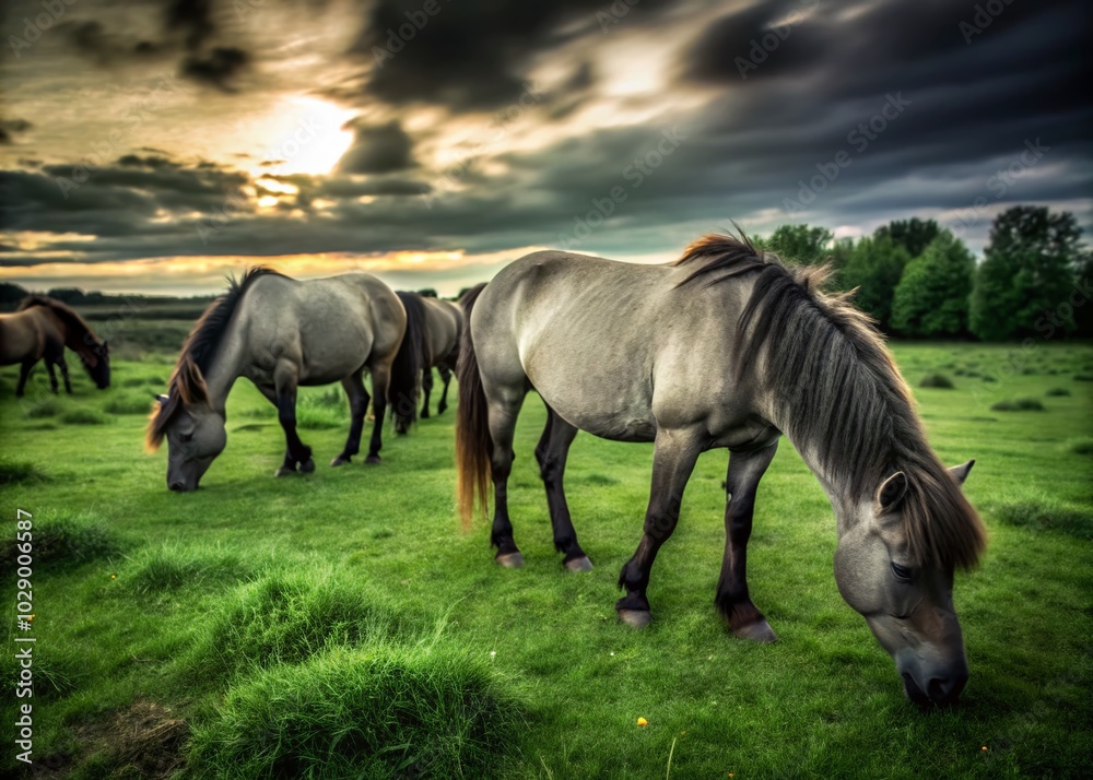 Long Exposure of Polish Konik Horses Grazing in Marielyst Nature Reserve, Denmark Long Exposure of Polish Konik Horses Grazing in Marielyst Nature Reserve, Denmark