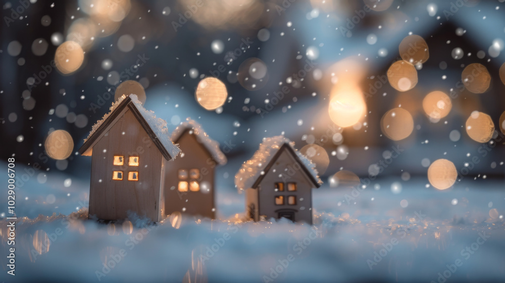 Miniature Christmas houses and trees with snow, New Year holiday greeting concept Miniature Christmas houses and trees with snow, New Year holiday greeting concept