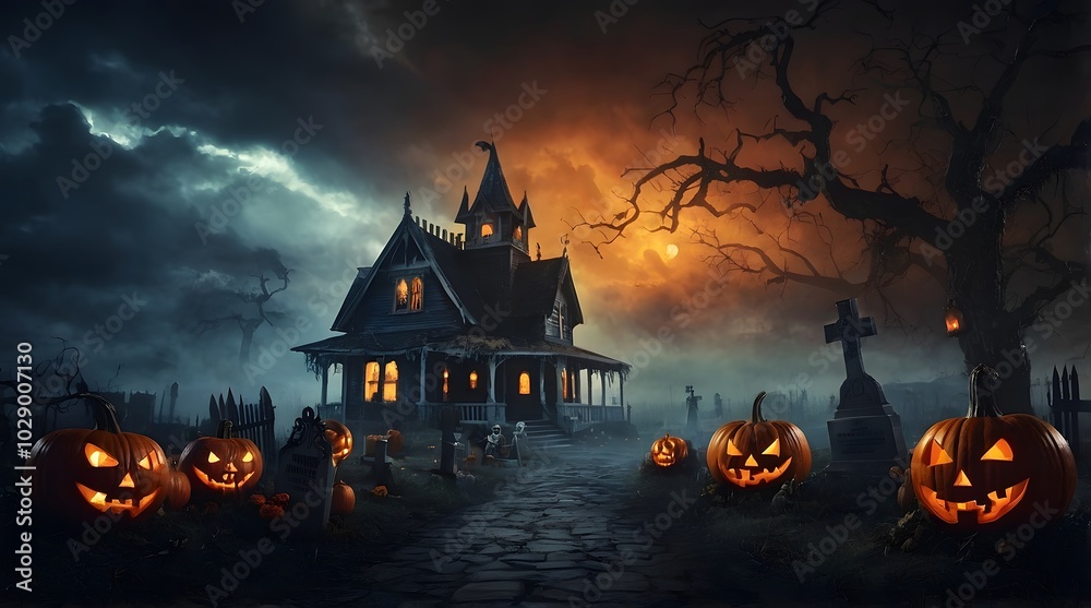 Scary Haunted House, Pumpkin, Witch, Devil, Skeleton, Grave, Halloween Scary Haunted House, Pumpkin, Witch, Devil, Skeleton, Grave, Halloween