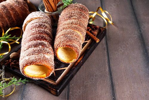 Photography Traditional East Europe Christmas sugar glazed dessert chimney cake, trdlo or tr