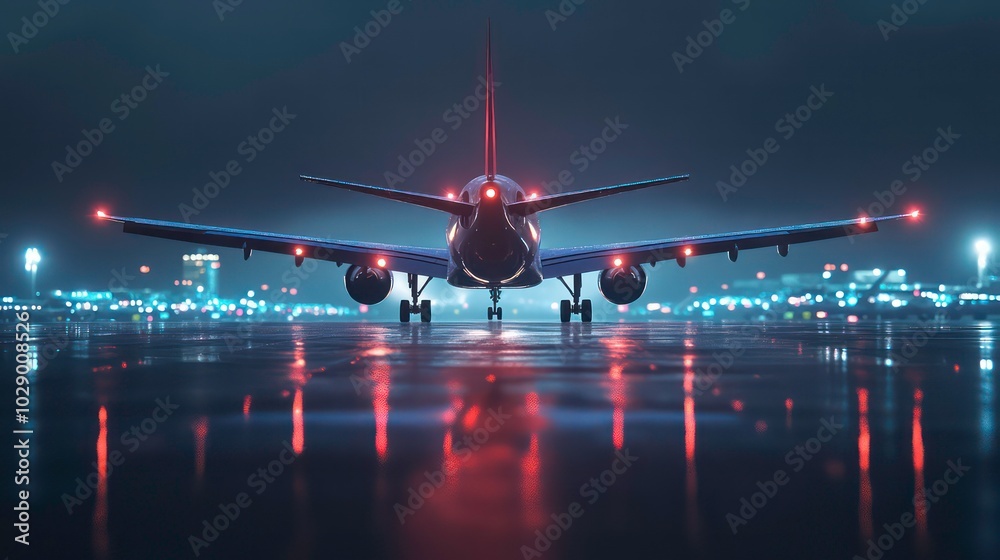 Airplane on runway at night with city lights in the background.