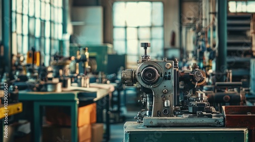 Vintage manufacturing machinery displayed in a retro factory setting.