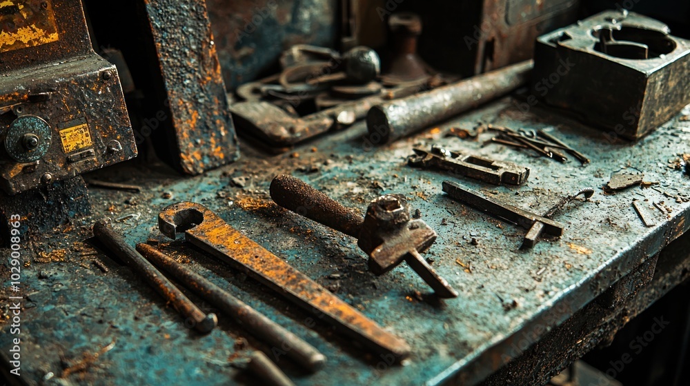 Rusty old tools and equipment from historical manufacturing processes. Rusty old tools and equipment from historical manufacturing processes.