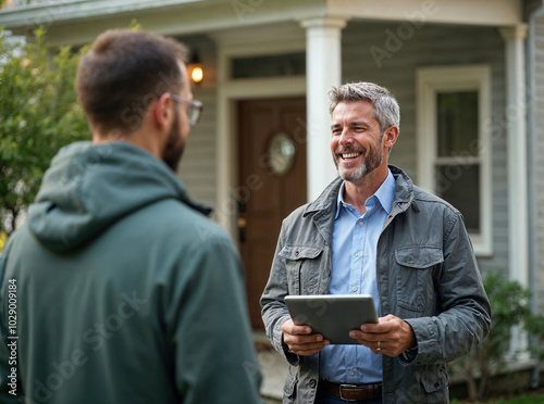 Lawn arborist technician installer worker talking to customer making a sale in the front yard of a home, happy conversation about work well done, working class, casual, outdoors