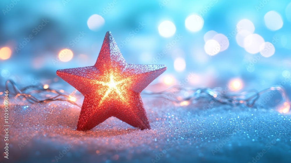 A beautifully glowing Christmas star ornament, isolated against a soft blue festive background with holiday lights A beautifully glowing Christmas star ornament, isolated against a soft blue festive background with holiday lights