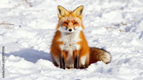 Majestic Fox in Winter Wonderland - A stunning shot of a solitary fox in the snowy wilderness, exuding curiosity and elegance under cinematic light.