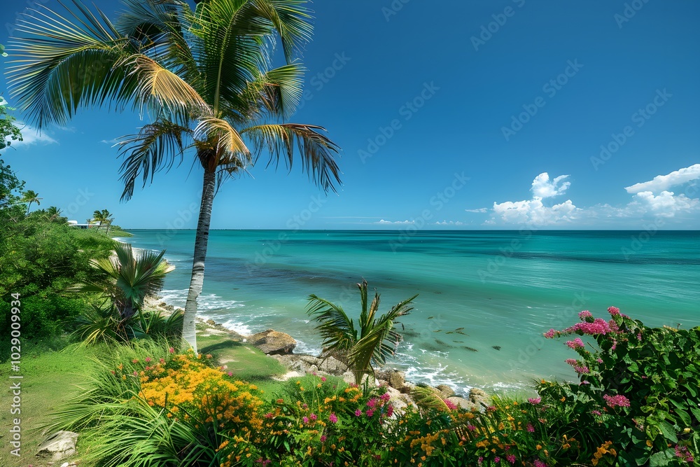 A palm tree sitting on top of a lush green hillside next to the ocean A palm tree sitting on top of a lush green hillside next to the ocean