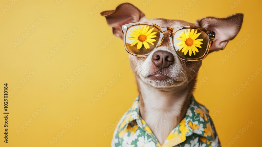 A cute chihuahua wearing a floral shirt and sunglasses with yellow daisy flowers. A cute chihuahua wearing a floral shirt and sunglasses with yellow daisy flowers.